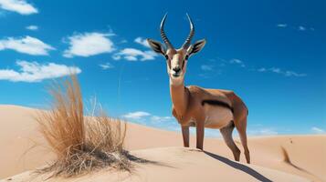 Foto von ein Sand Gazelle im ein Wüste mit Blau Himmel. generativ ai