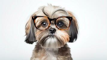 Foto von ein shih tzu Hund mit Brille isoliert auf Weiß Hintergrund. generativ ai