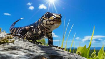 Foto von ein Salamander unter Blau Himmel. generativ ai