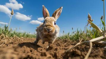 Foto von ein Hase im das Ackerland. generativ ai