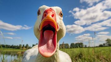 Foto von ein Muscovy Ente im das Ackerland. generativ ai