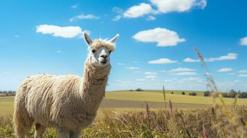 Foto von ein Lama im das Ackerland. generativ ai