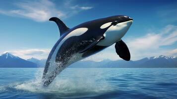 Foto von ein Mörder Wal unter Blau Himmel. generativ ai