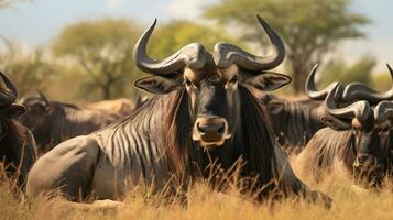 Foto von ein Herde von Gnus ruhen im ein öffnen Bereich auf das Savanne. generativ ai