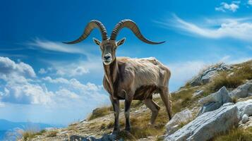 Foto von ein Steinbock unter Blau Himmel. generativ ai