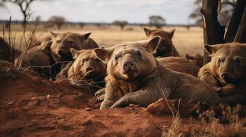 Foto von ein Herde von Wombat ruhen im ein öffnen Bereich auf das Savanne. generativ ai