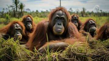 Foto von ein Herde von Orang-Utan ruhen im ein öffnen Bereich auf das Savanne. generativ ai