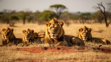 Foto von ein Herde von Löwe ruhen im ein öffnen Bereich auf das Savanne. generativ ai