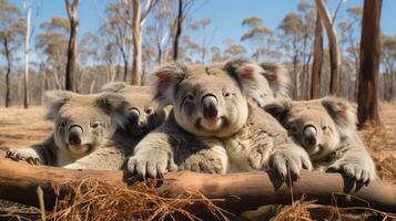 Foto von ein Herde von Koala ruhen im ein öffnen Bereich auf das Savanne. generativ ai