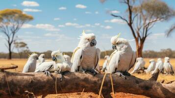 Foto von ein Herde von Kakadu ruhen im ein öffnen Bereich auf das Savanne. generativ ai