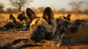 Foto von ein Herde von afrikanisch wild Hund ruhen im ein öffnen Bereich auf das Savanne. generativ ai