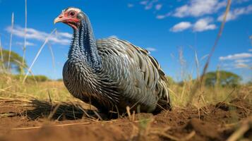 Foto von ein Perlhuhn im das Ackerland. generativ ai