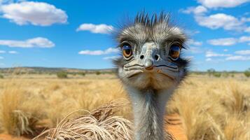 Foto von ein Emu im das Ackerland. generativ ai