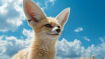 Foto von ein fennec Fuchs im ein Wüste mit Blau Himmel. generativ ai