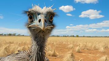 Foto von ein Emu im das Ackerland. generativ ai