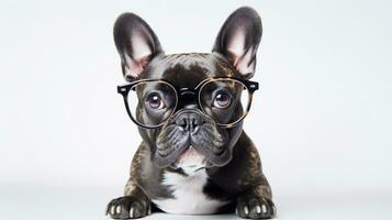 Foto von ein Französisch Bulldogge Hund mit Brille isoliert auf Weiß Hintergrund. generativ ai