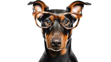 Foto von ein Dobermann Pinscher Hund mit Brille isoliert auf Weiß Hintergrund. generativ ai