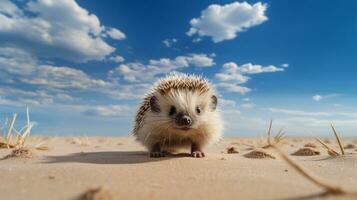 Foto von ein Wüste Igel im ein Wüste mit Blau Himmel. generativ ai