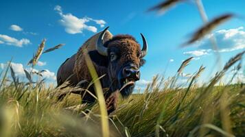 Foto von ein Büffel im das Ackerland. generativ ai