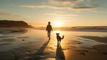 Foto von ein Junge Gehen mit seine Haustier Hund auf das Strand im das Morgen. generativ ai