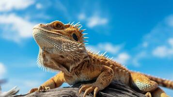 Foto von ein bärtig Drachen unter Blau Himmel. generativ ai