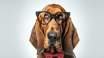 Foto von ein Bluthund Hund mit Brille isoliert auf Weiß Hintergrund. generativ ai