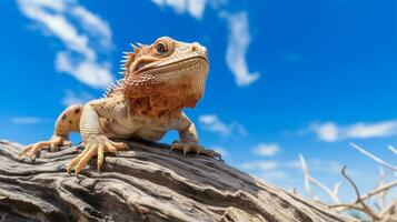 Foto von ein bärtig Drachen unter Blau Himmel. generativ ai