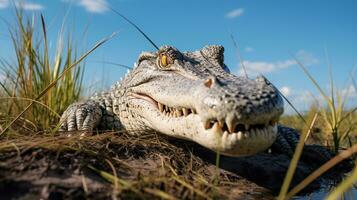 Foto von ein Alligator unter Blau Himmel. generativ ai