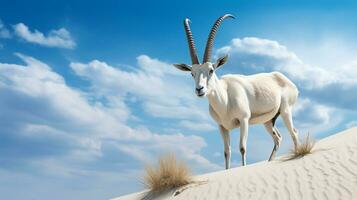 Foto von ein arabisch Oryx im ein Wüste mit Blau Himmel. generativ ai