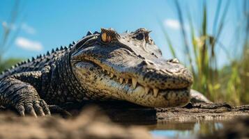 Foto von ein Alligator unter Blau Himmel. generativ ai