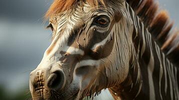 Nahansicht Foto von ein Zonkey suchen irgendein Richtung. generativ ai