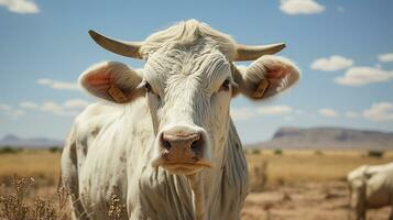 Nahansicht Foto von ein Zebu suchen irgendein Richtung. generativ ai