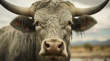 Nahansicht Foto von ein Zebu suchen irgendein Richtung. generativ ai