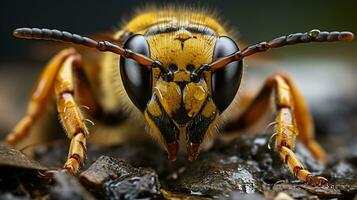 Nahansicht Foto von ein Gelb Jacke Wespe suchen irgendein Richtung. generativ ai