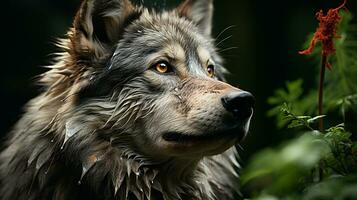 Nahansicht Foto von ein Wolf suchen irgendein Richtung auf Dschungel. generativ ai