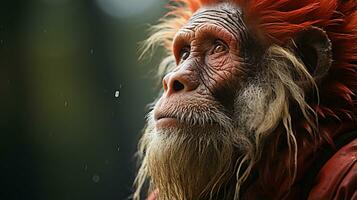 Nahansicht Foto von ein Uakari Affe suchen irgendein Richtung. generativ ai