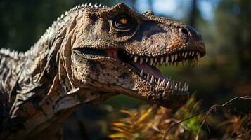 Nahansicht Foto von ein Tyrannosaurus rex suchen im ihr Lebensraum. generativ ai