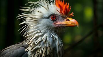 Nahansicht Foto von ein Sekretär Vogel suchen irgendein Richtung auf Dschungel. generativ ai