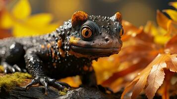 Nahansicht Foto von ein Salamander suchen im ihr Lebensraum. generativ ai