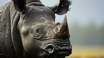 Nahansicht Foto von ein Nashorn suchen irgendein Richtung auf Dschungel. generativ ai