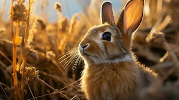 Nahansicht Foto von ein Hase suchen irgendein Richtung. generativ ai