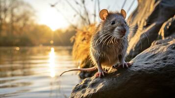 Nahansicht Foto von ein Ratte suchen im ihr Lebensraum. generativ ai