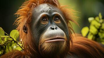 Nahansicht Foto von ein Orang-Utan suchen irgendein Richtung auf Dschungel. generativ ai