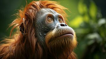 Nahansicht Foto von ein Orang-Utan suchen irgendein Richtung auf Dschungel. generativ ai