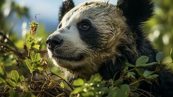 Nahansicht Foto von ein Panda suchen irgendein Richtung auf Dschungel. generativ ai