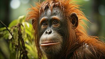 Nahansicht Foto von ein Orang-Utan suchen irgendein Richtung auf Dschungel. generativ ai