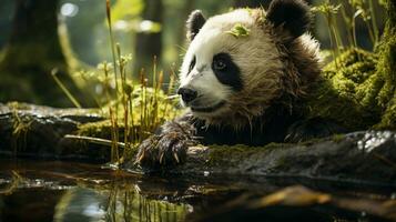 Nahansicht Foto von ein Panda suchen irgendein Richtung auf Dschungel. generativ ai