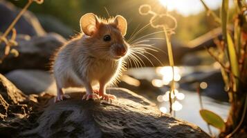 Nahansicht Foto von ein Maus suchen im ihr Lebensraum. generativ ai
