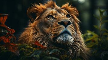 Nahansicht Foto von ein Löwe suchen irgendein Richtung auf Dschungel. generativ ai