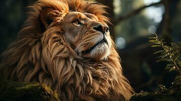 Nahansicht Foto von ein Löwe suchen irgendein Richtung auf Dschungel. generativ ai